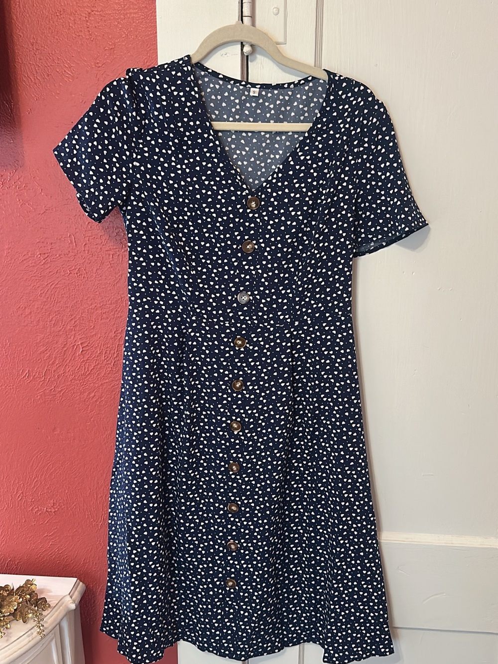Commense Navy Blue Short-Sleeve Button-Front Midi Dress with White Ditsy Print